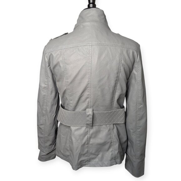 Last Kiss Faux Leather Chic Light Gray Belted Jacket Women's Size Large - Picture 7 of 14